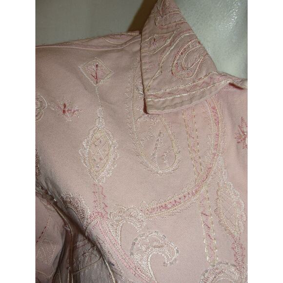 CHICO'S Size S (0) Pink Cotton Beaded Embroidery Button Front LS Jean Jacket - Picture 2 of 11